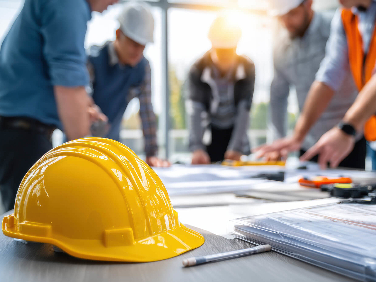 Gelber Schutzhelm im Vordergrund, dahinter bespricht ein Team auf einer Baustelle gemeinsam Baupläne auf einem Tisch.