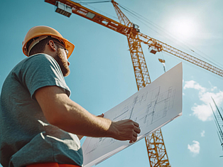 Bauleiter mit Schutzhelm hält Baupläne in der Hand und blickt auf einer Baustelle zu mehreren Kränen hinauf.