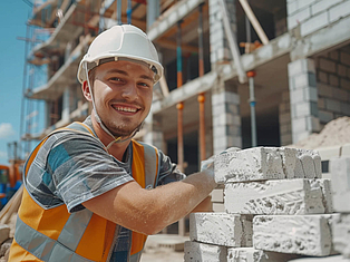 Maurer mit Schutzhelm arbeitet auf einer Baustelle an Mauersteinen. Ausbildung im Bauhandwerk bei der HIG Hoch- und Ingenieurbau GmbH in Gera