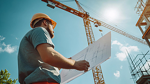 Bauleiter mit Schutzhelm hält Baupläne in der Hand und blickt auf einer Baustelle zu mehreren Kränen hinauf.
