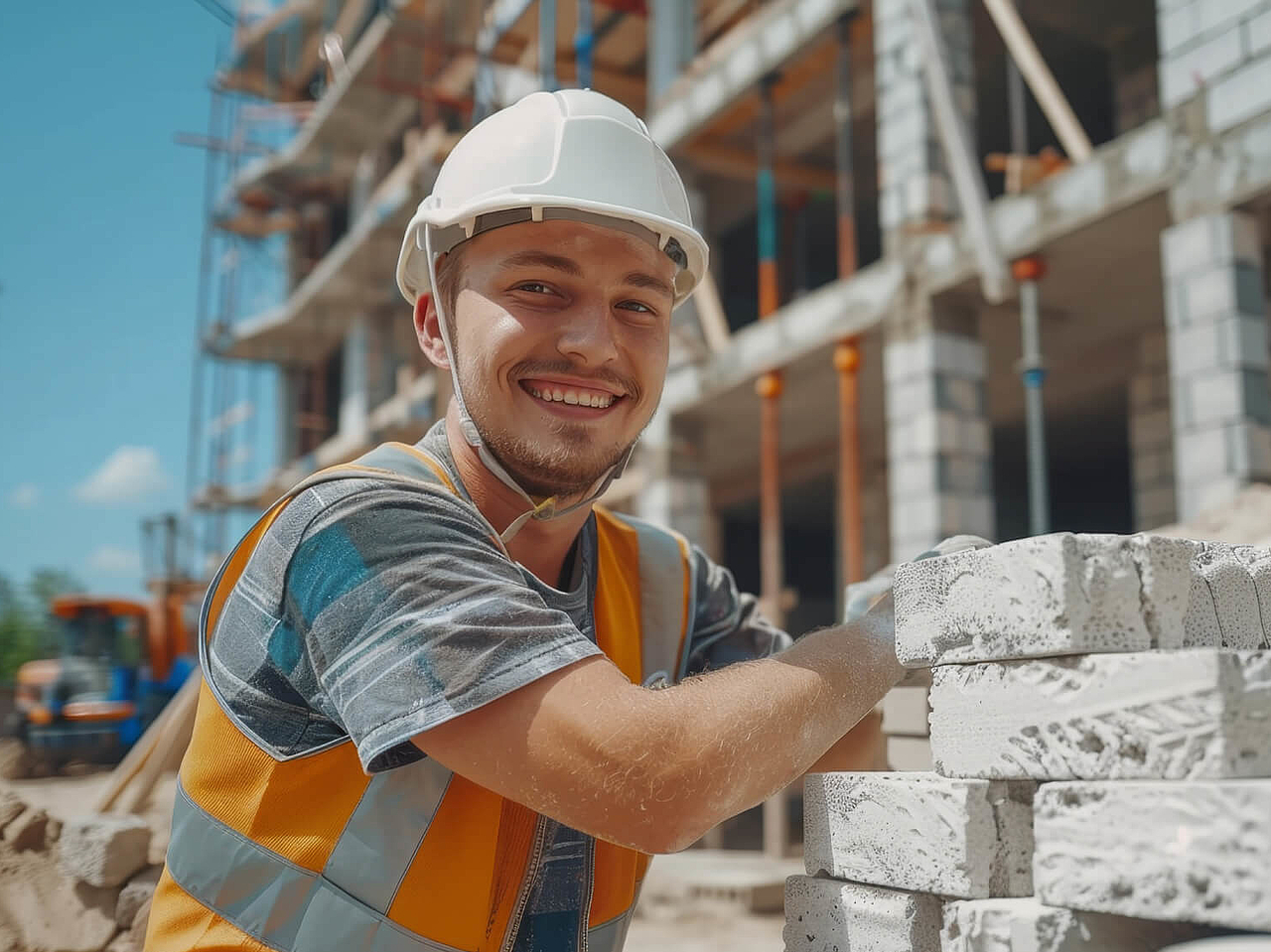 Maurer mit Schutzhelm arbeitet auf einer Baustelle an Mauersteinen. Ausbildung im Bauhandwerk bei der HIG Hoch- und Ingenieurbau GmbH in Gera